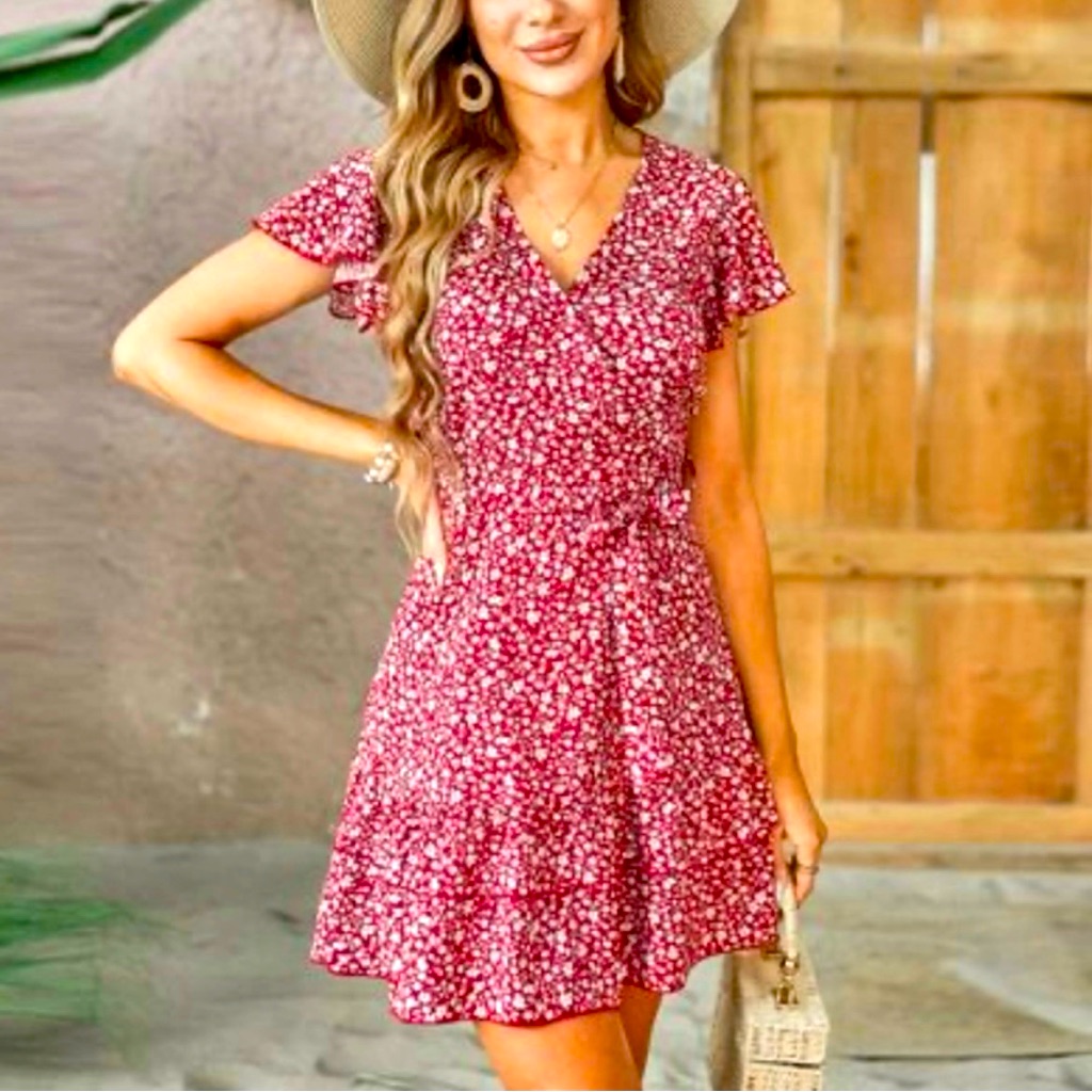 Nwt- Cupshe Women's Red Ditsy Floral Flutter Sleeve Mini Dress-Large